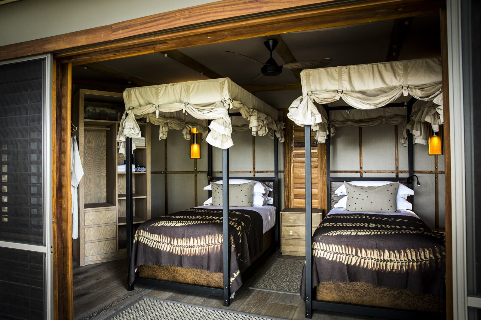A luxury twin tented suite interior at Mombo Camp in the Okavango Delta