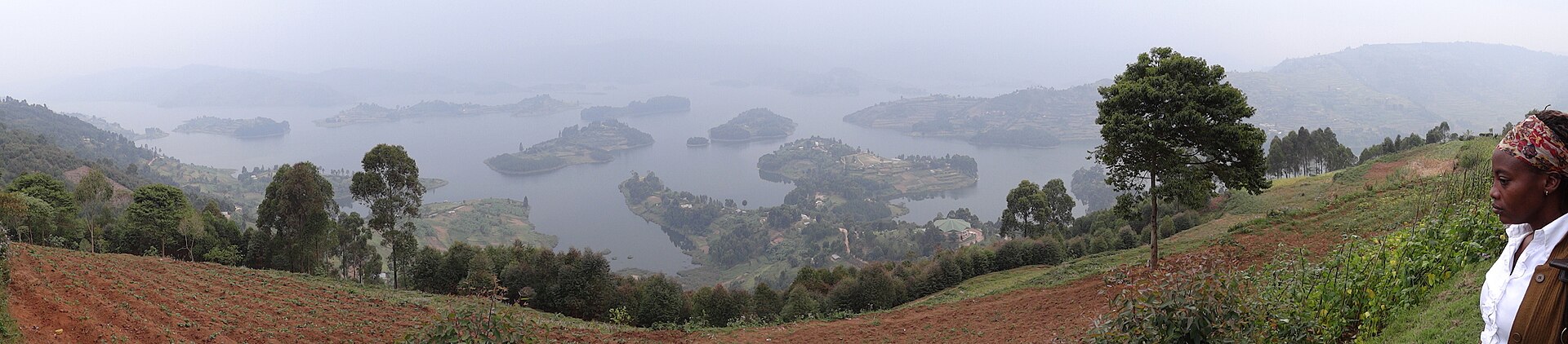 Misty morning over Lake Bunyonyi near Bwindi