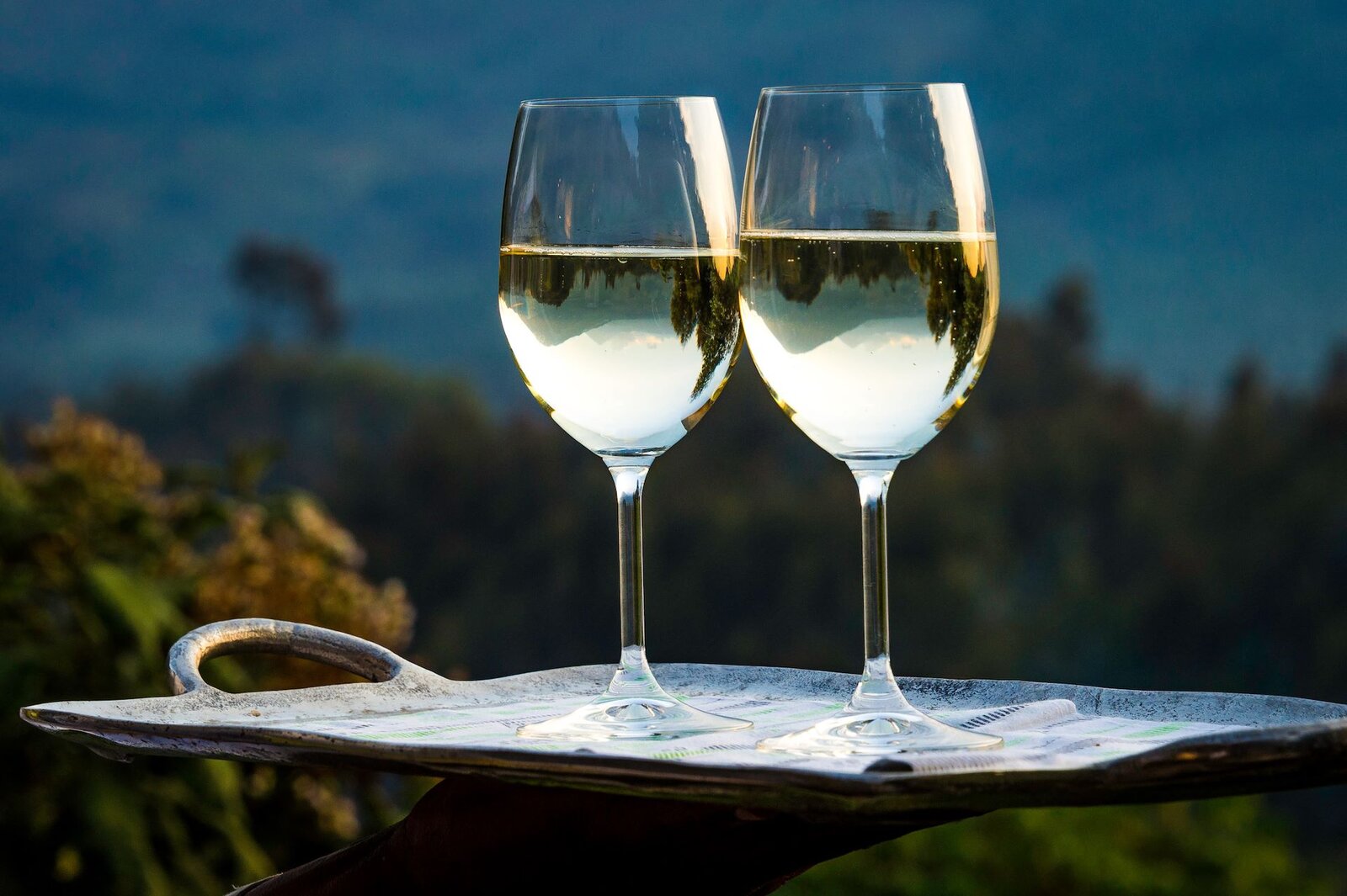 Sundowner drinks overlooking the volcanoes at Bisate Lodge, Rwanda
