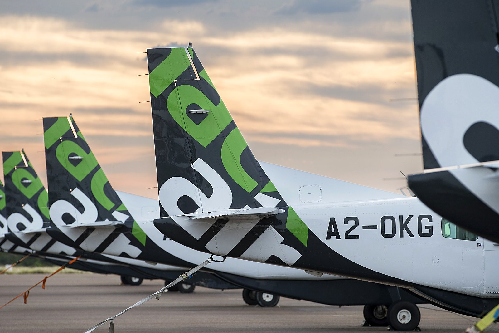A line of light safari aircraft parked on an African airfield at dawn