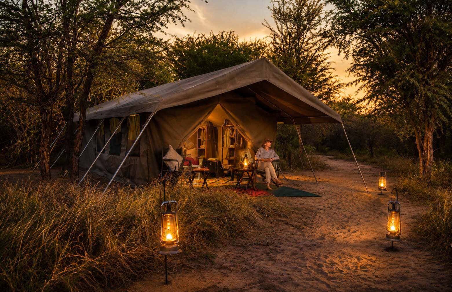 Walk-in Meru-style canvas tent pitched in the Botswana bush