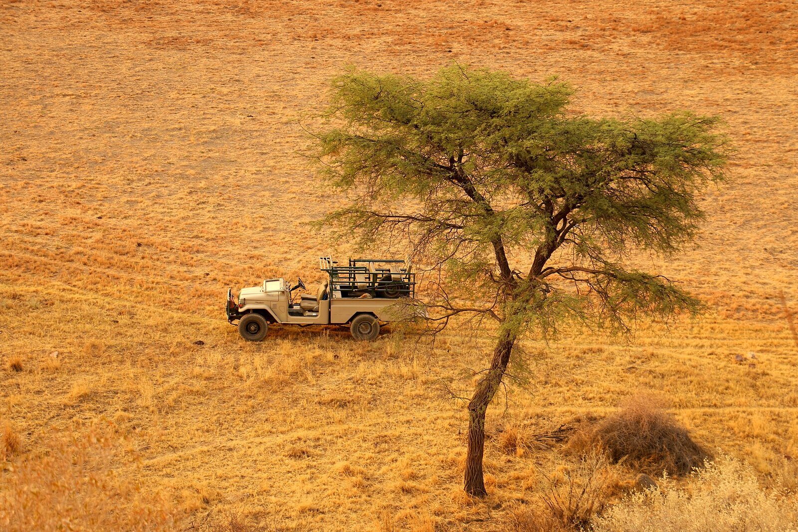 A safari 4x4 crossing the bush on a budget safari in Africa