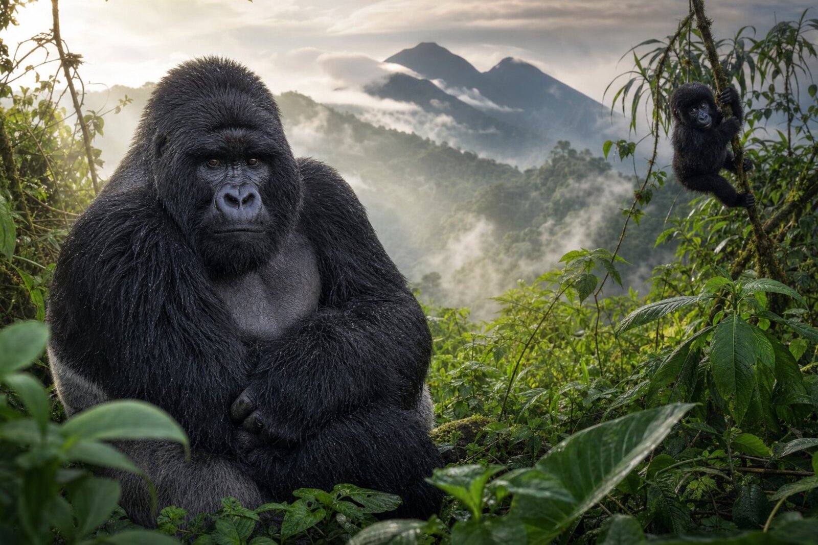 A silverback gorilla on the volcano slopes of Rwanda with the peaks behind
