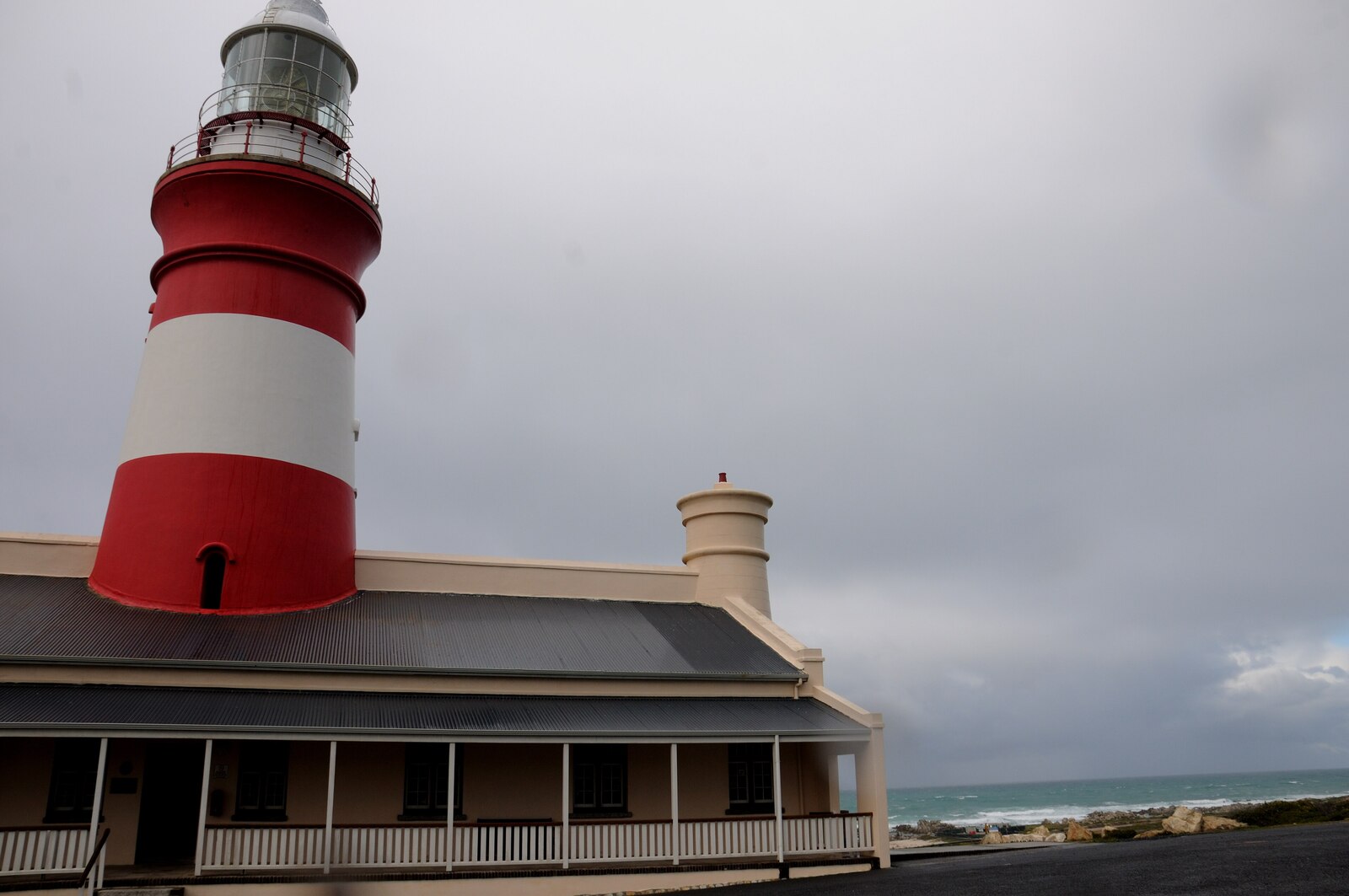 The red-and-white striped Cape Agulhas Lighthouse from the front