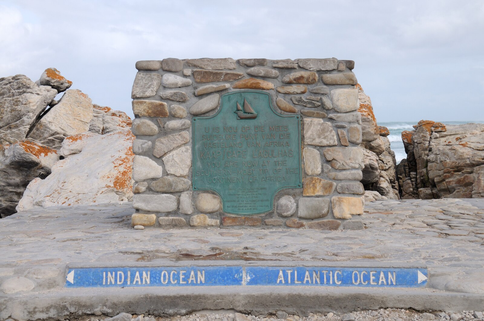 The stone cairn and Atlantic/Indian Ocean marker at Cape Agulhas