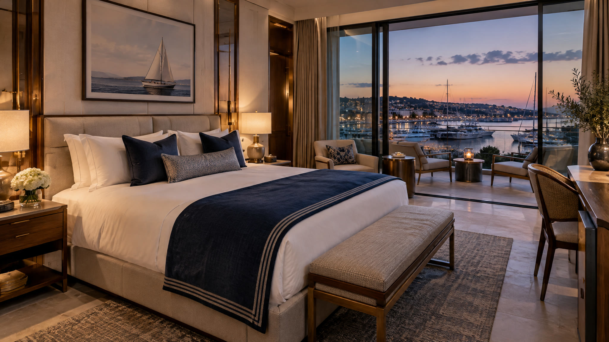 A guest room at Cape Grace opening onto a balcony over the superyacht marina at the V&A Waterfront