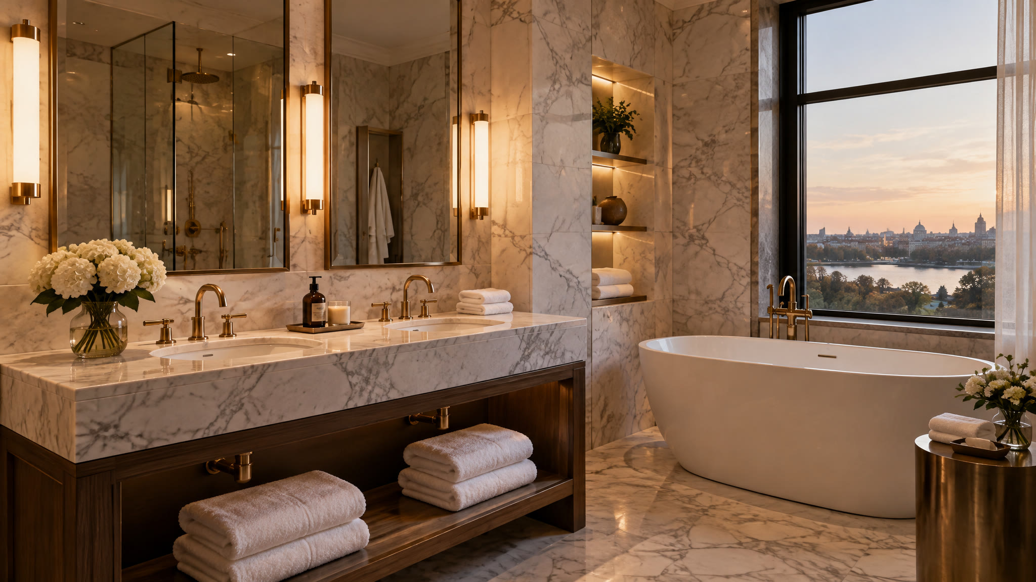 A marble bathroom with twin basins and a freestanding tub in a suite at Cape Grace