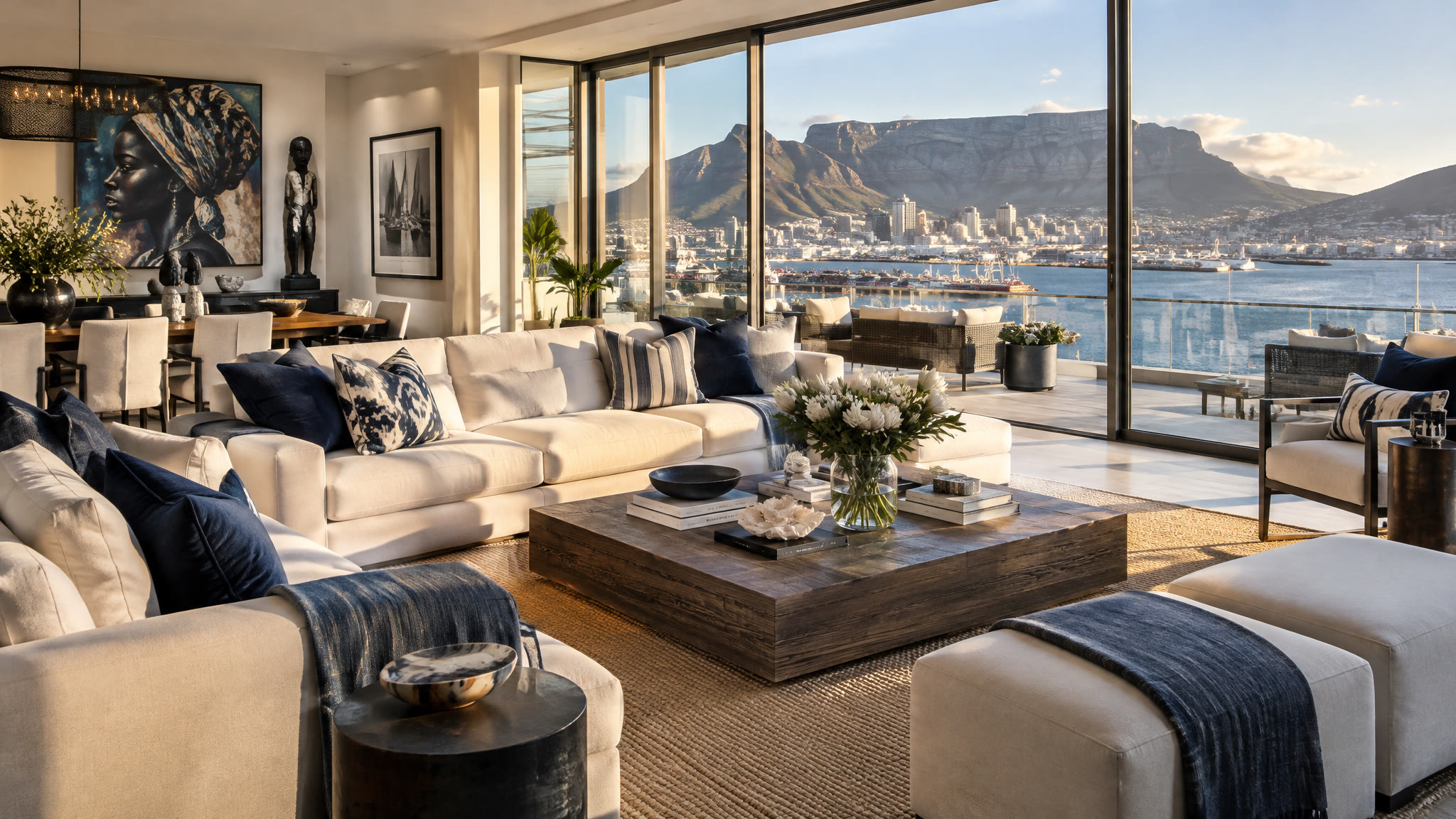 A penthouse lounge with soft seating and a Table Mountain view at Cape Grace