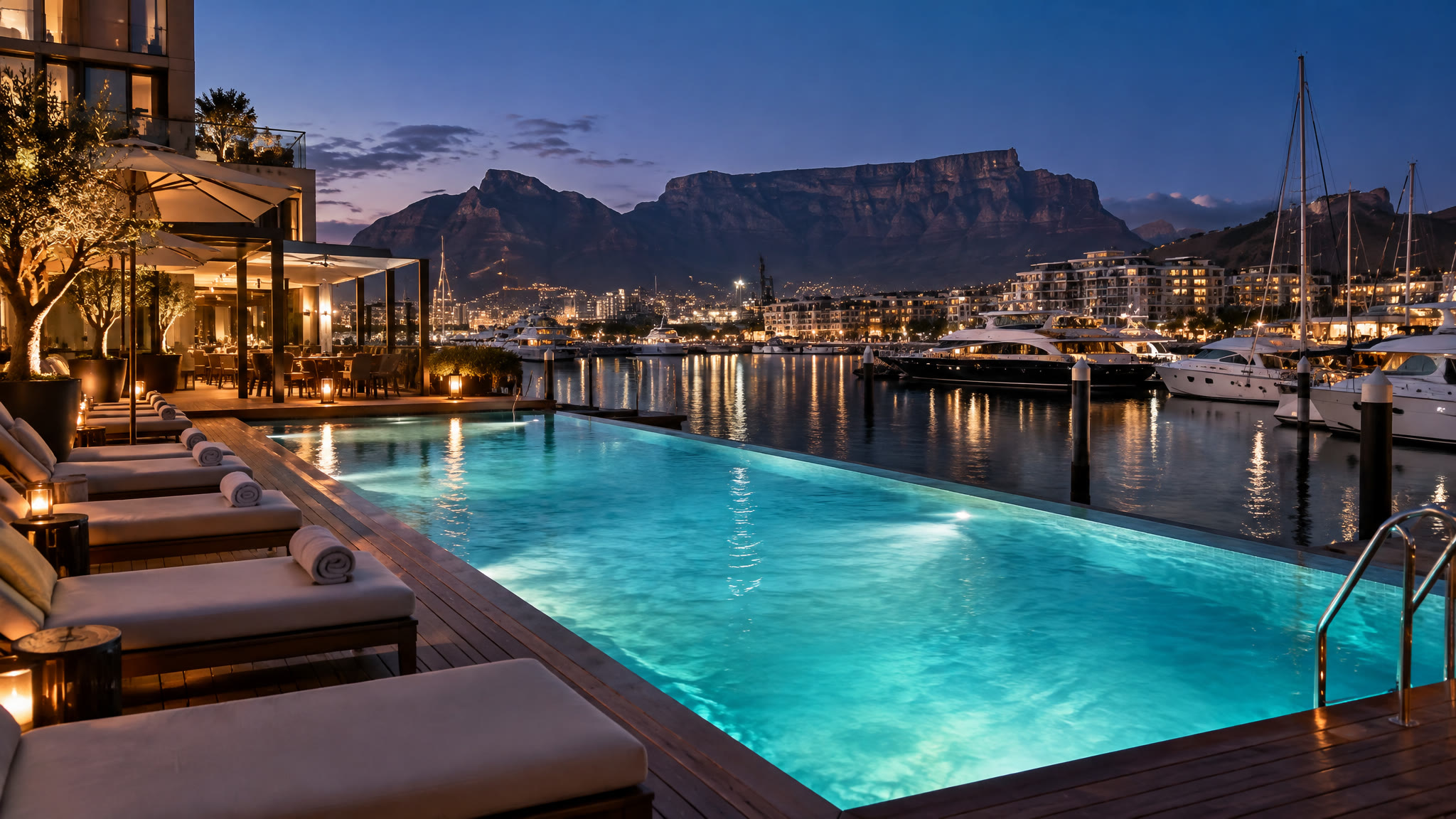 The heated outdoor pool on the quay at Cape Grace at dusk, with the marina and Table Mountain beyond