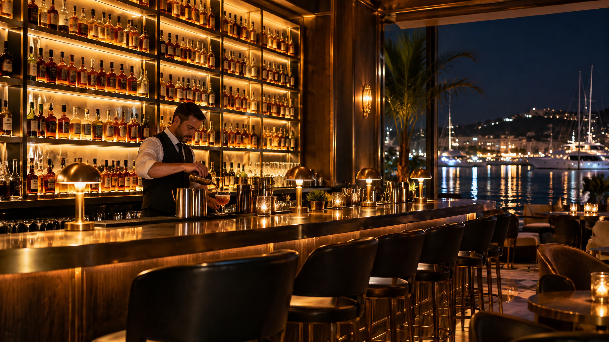 The Bascule whisky bar at Cape Grace at night, warm timber and bottles with marina light beyond