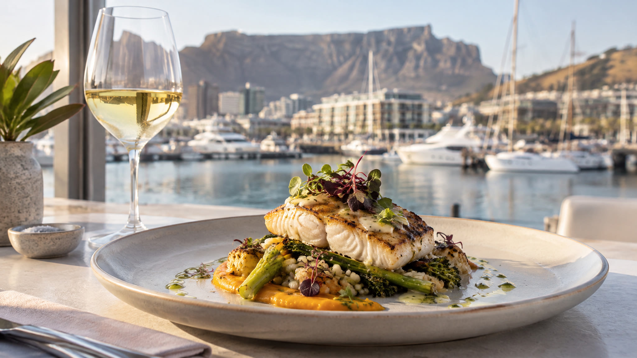 A plated contemporary South African dish with a glass of white wine and a water view at Heirloom, Cape Grace