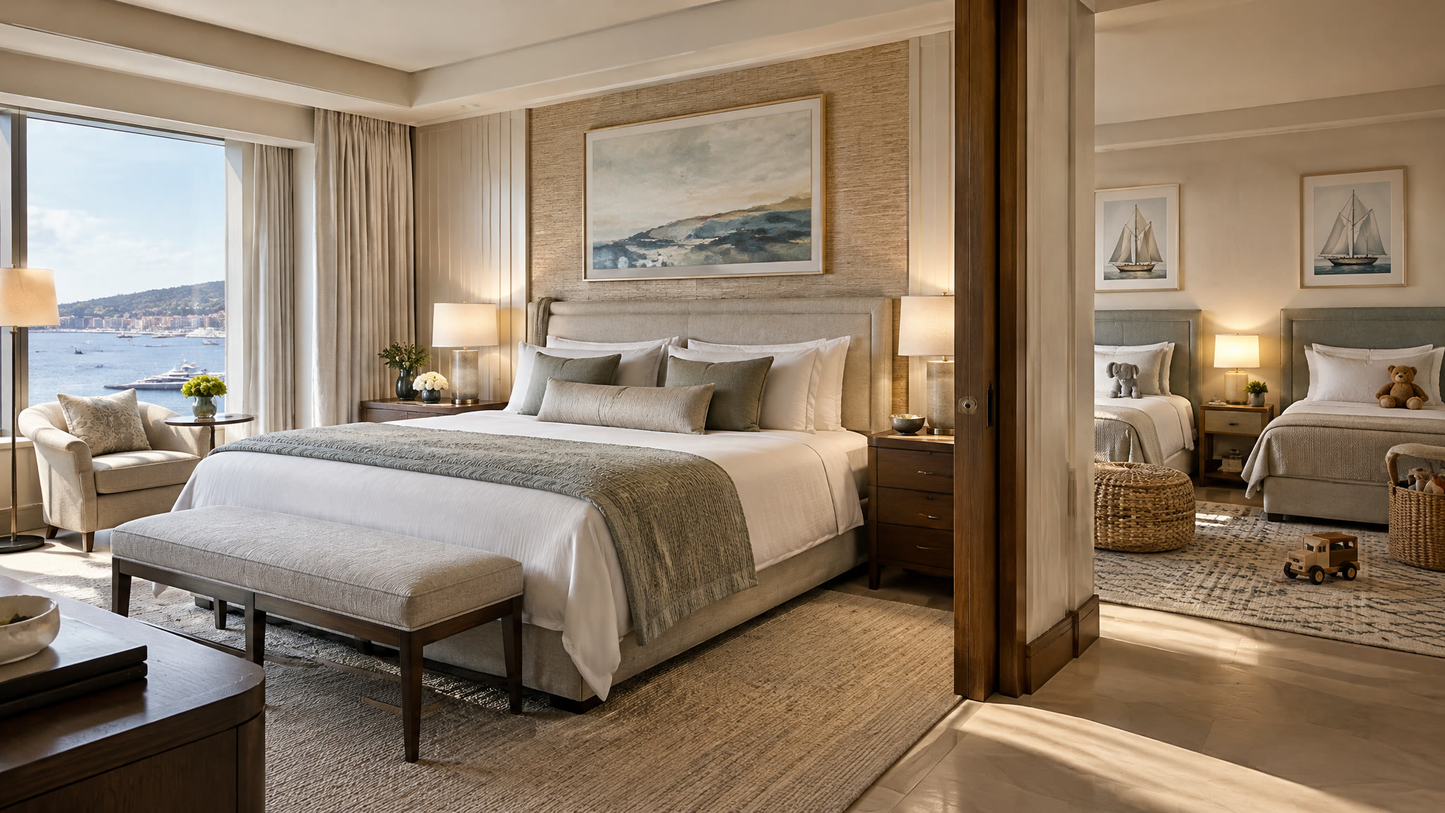 A family room at Cape Grace with twin beds and marina light