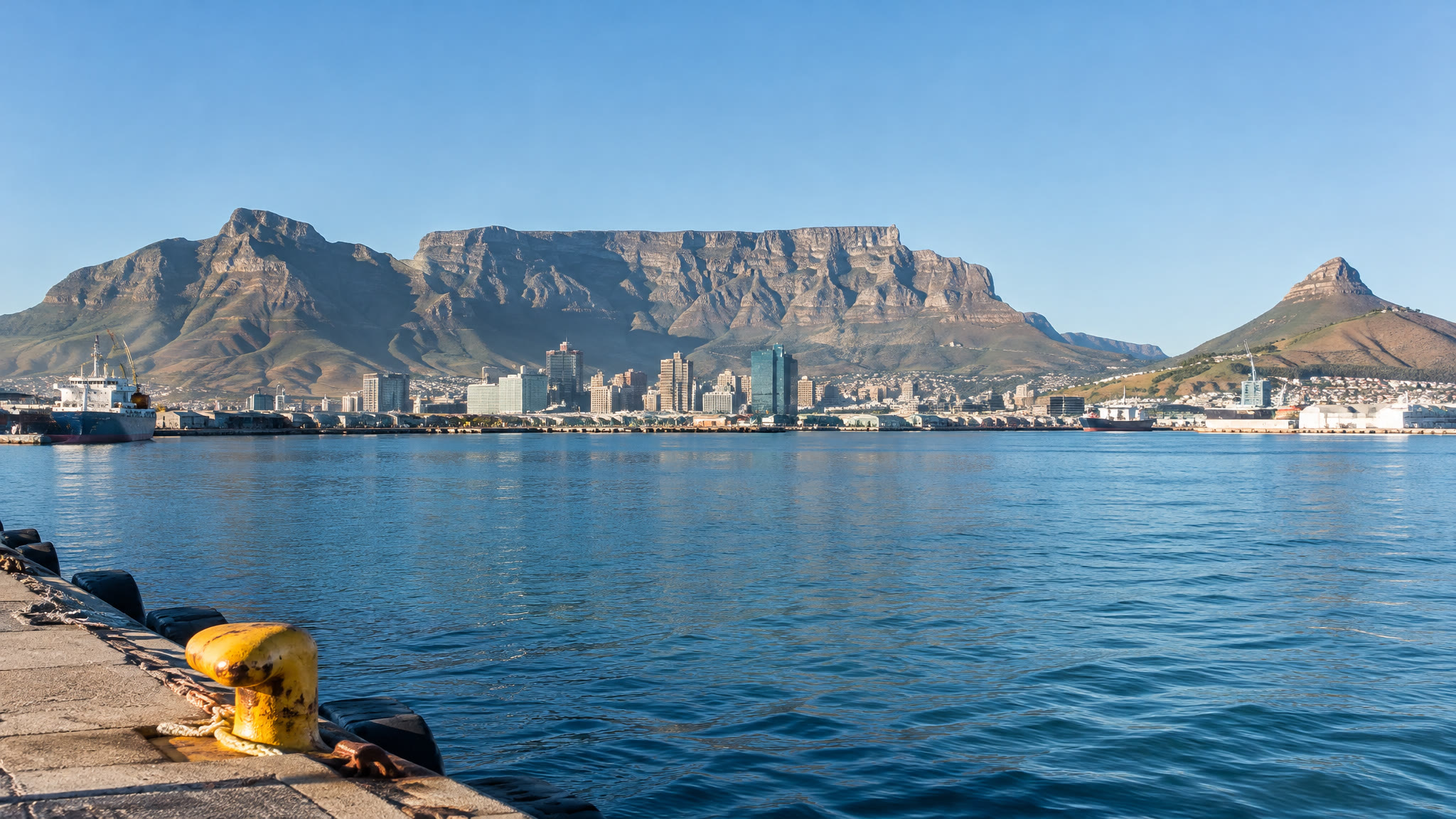 Table Mountain seen across Table Bay from the water, the skyline that frames the V&A Waterfront where Cape Grace stands on its private quay
