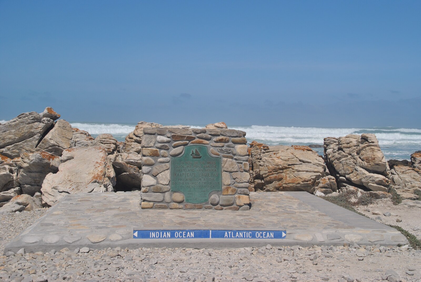 The stone cairn marking the southernmost tip of the African continent at Cape Agulhas