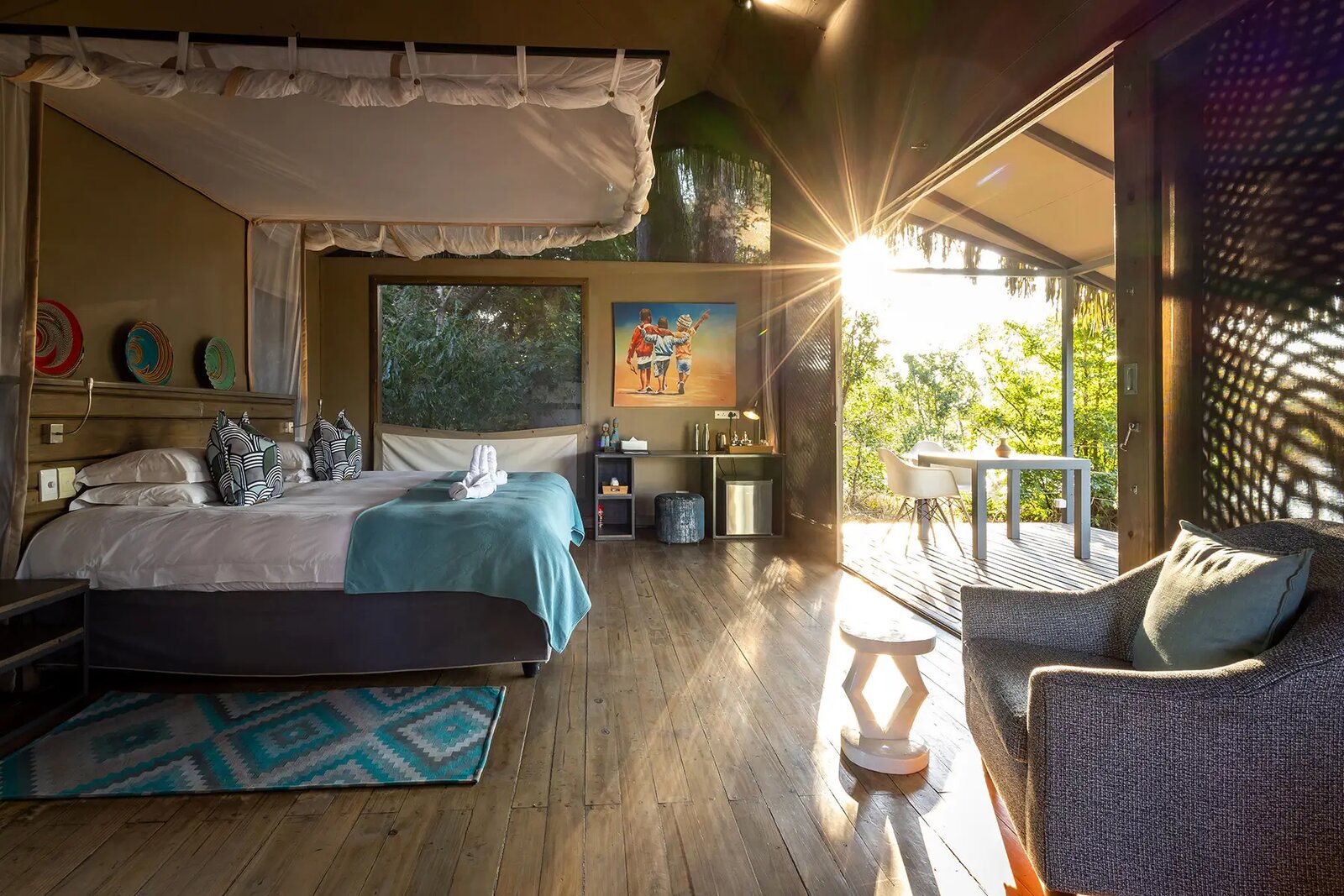 The interior of a River View Suite raised over the Zambezi at Chundu Island