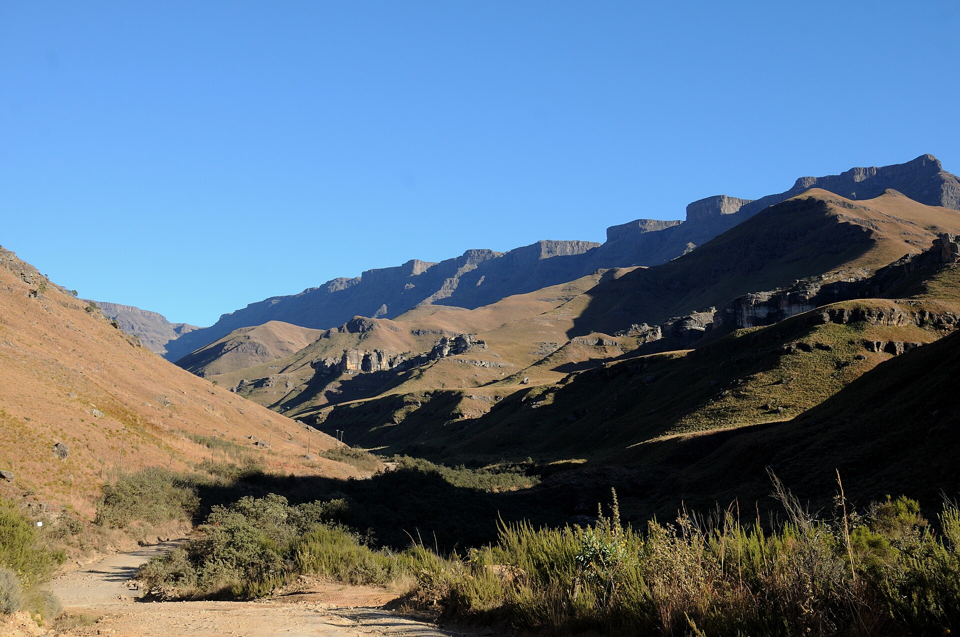 A classic Drakensberg mountain landscape of peaks and valleys in South Africa
