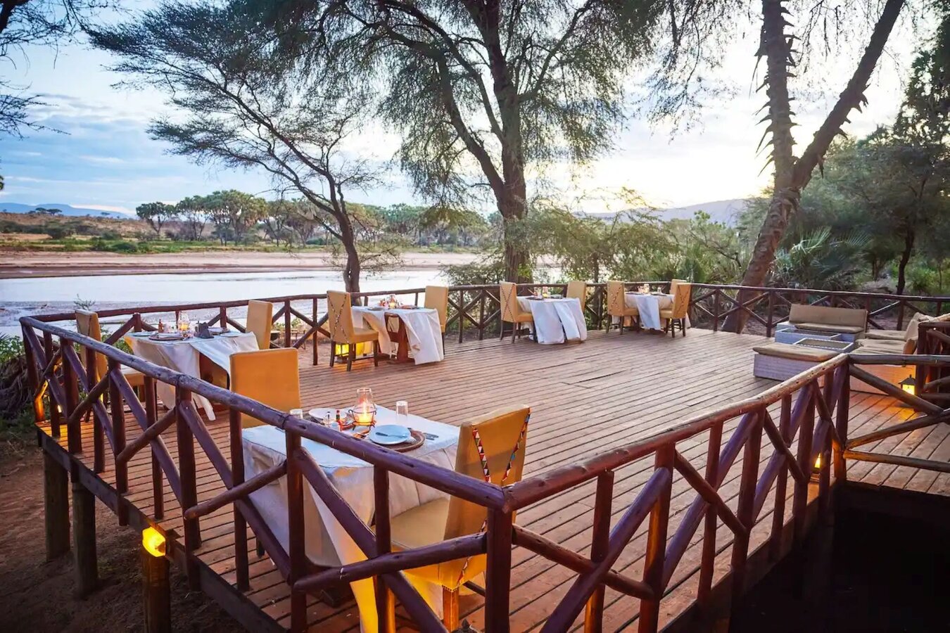 Riverside dining deck overlooking the Ewaso Nyiro River by day