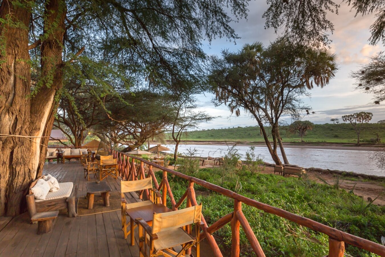 Riverside dining chairs set beneath acacia trees on the riverbank