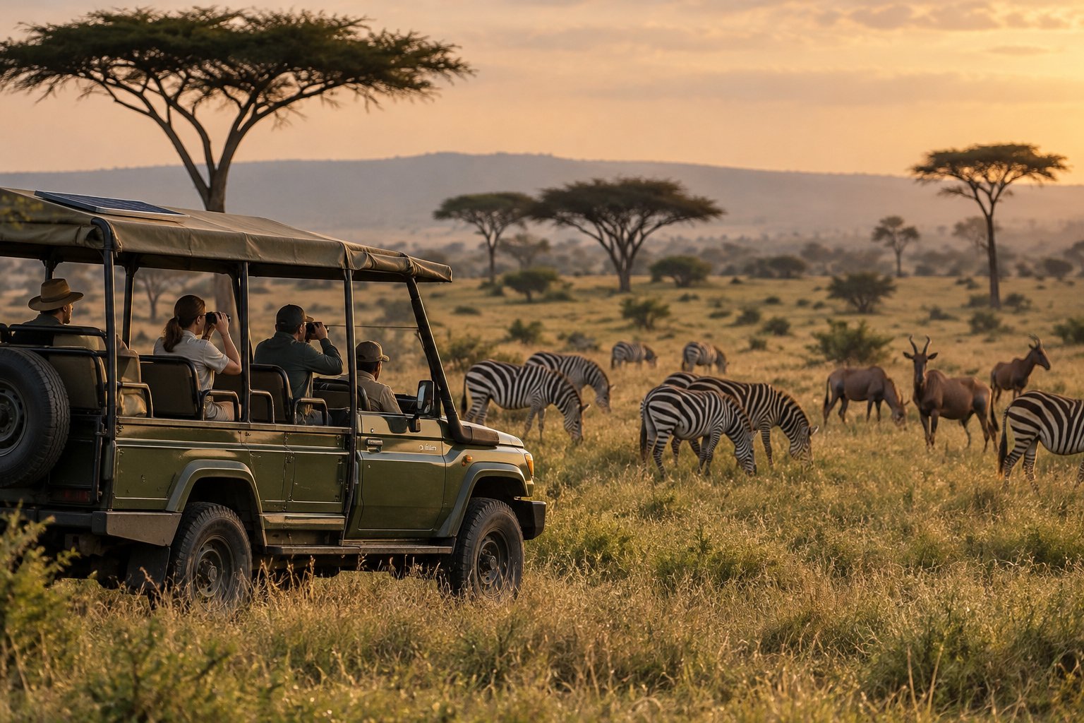 Open-sided electric safari game-drive vehicle parked quietly among zebra and topi on the Masai Mara grasslands at Emboo River