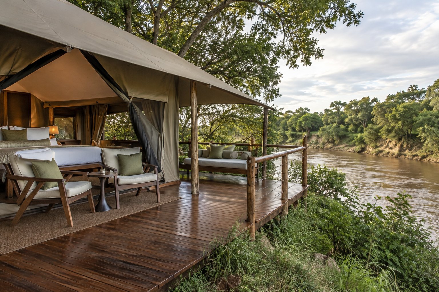 Canvas tented suite on a raised timber deck overlooking the tree-lined Talek River at Emboo River camp