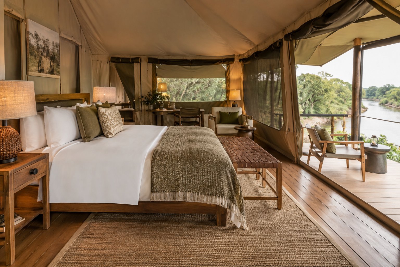 Interior of a tented suite at Emboo River with a king bed, canvas walls and timber furniture
