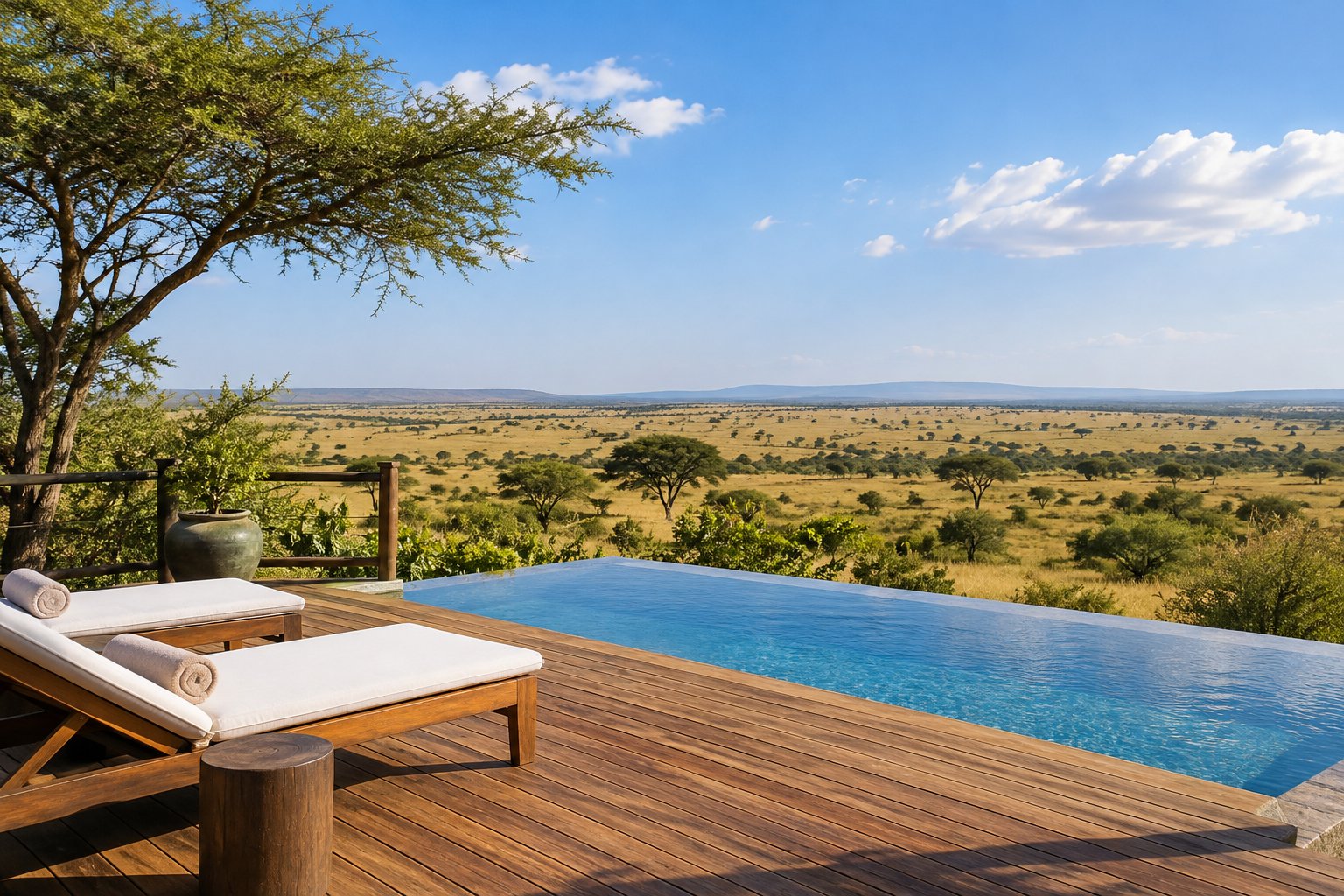 Infinity pool and timber deck overlooking the open Masai Mara grassland at Emboo River