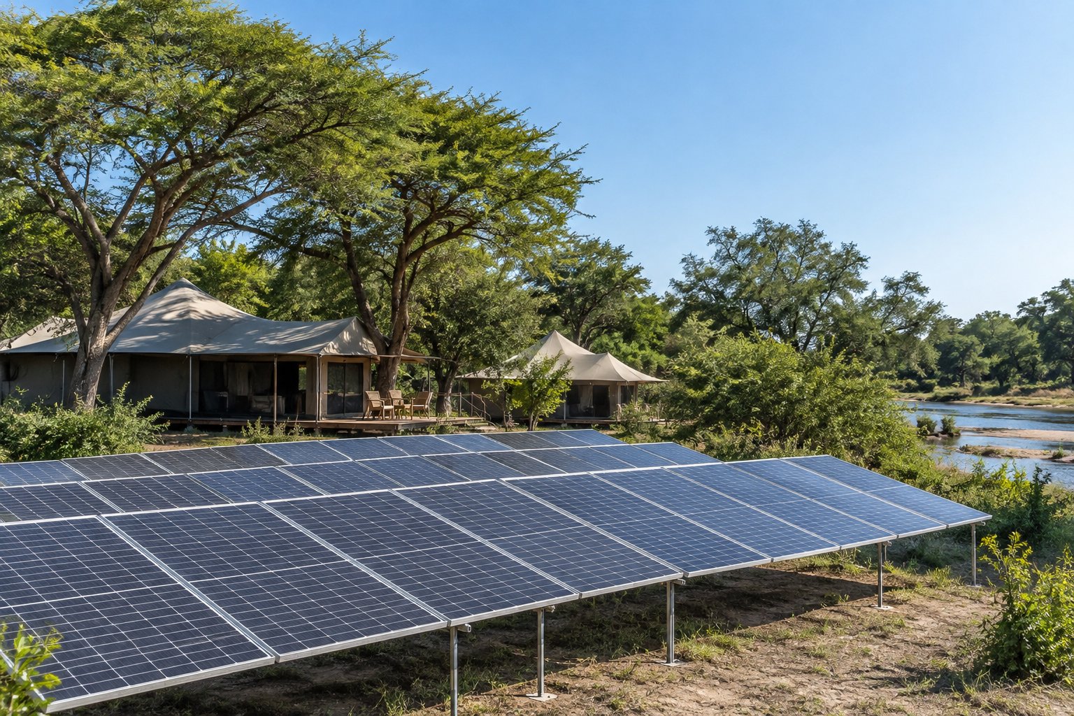 Rows of solar panels beside the tents at Emboo River camp in the Masai Mara