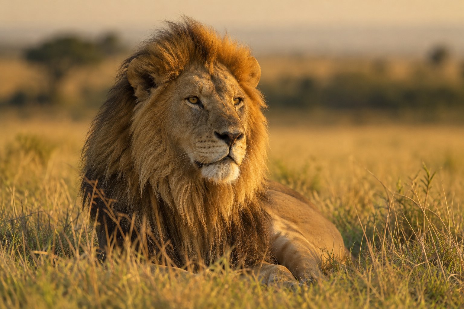 Male lion resting in the golden grass of the Masai Mara near Emboo River
