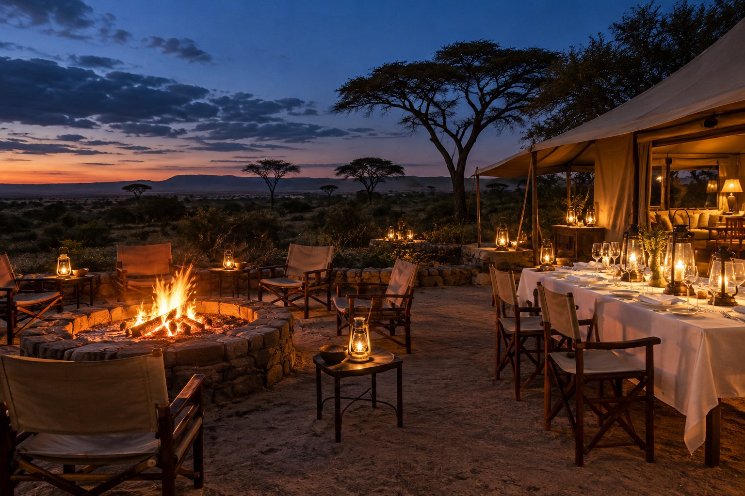Campfire and candlelit open-air dinner table at Emboo River camp at dusk