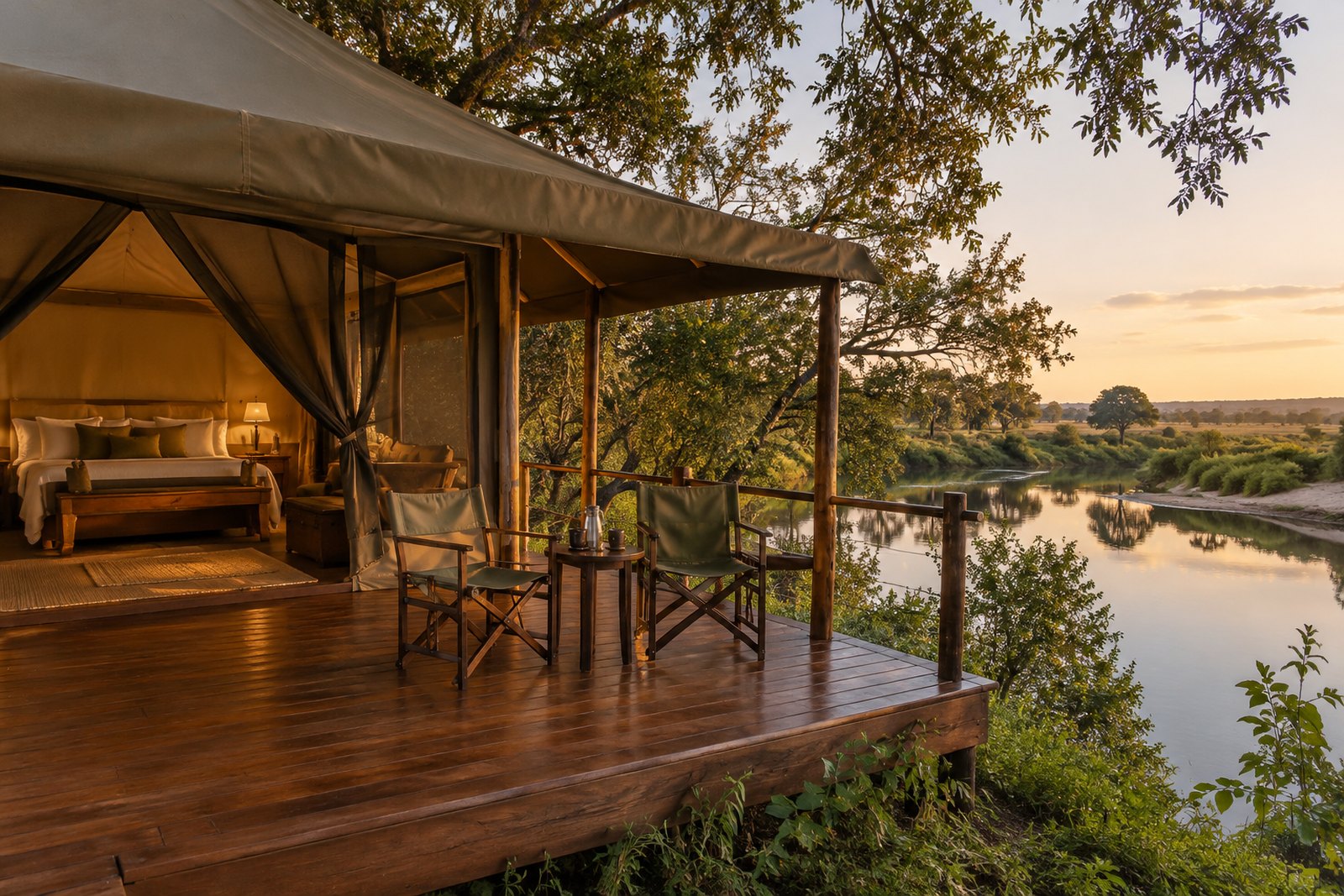 Luxury tented suite raised on a wooden deck overlooking the Mara River at Entim Mara Camp