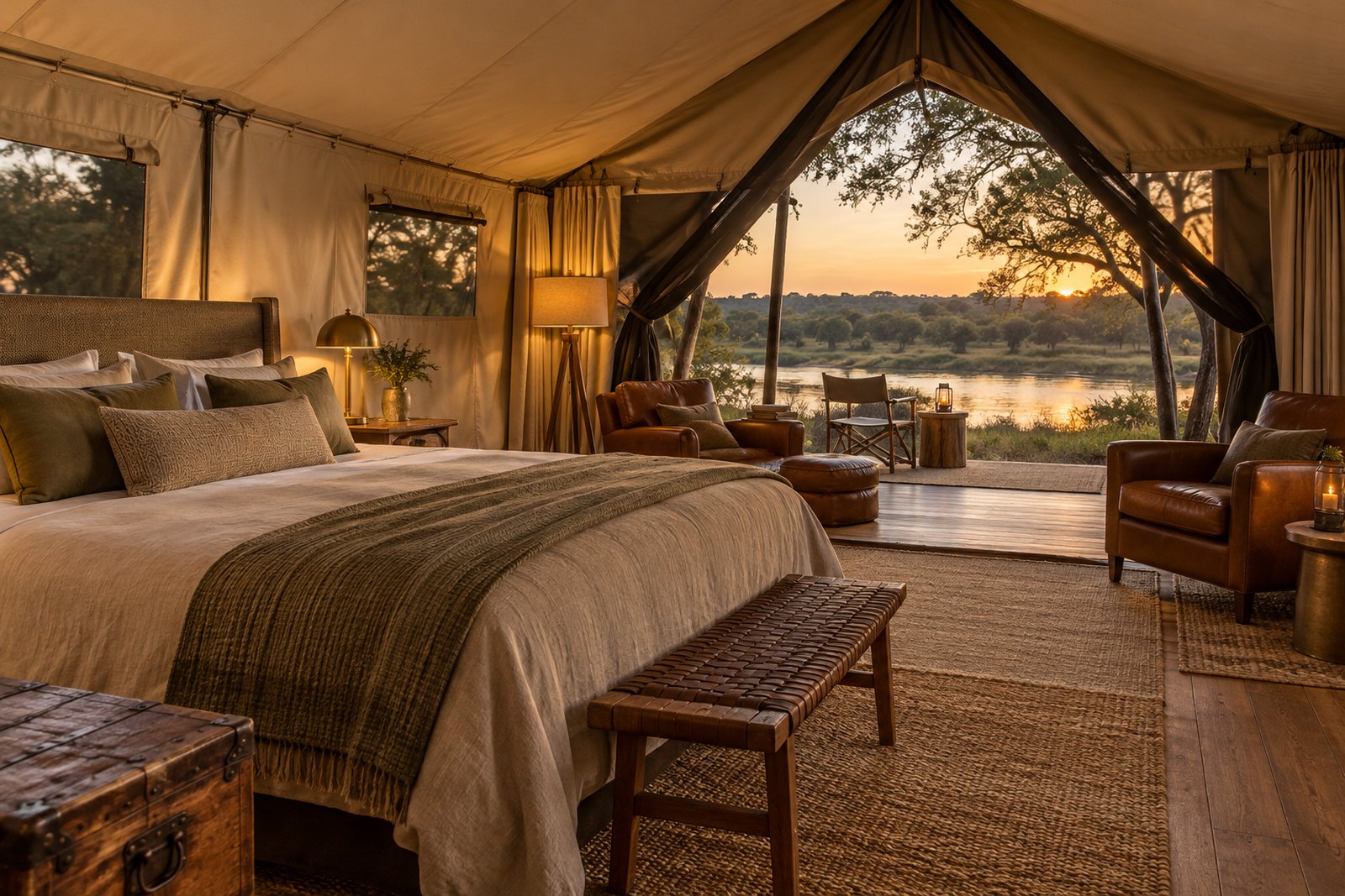 Interior of a tented suite at Entim Mara Camp with a king bed, earthy neutral tones and a private lounge area