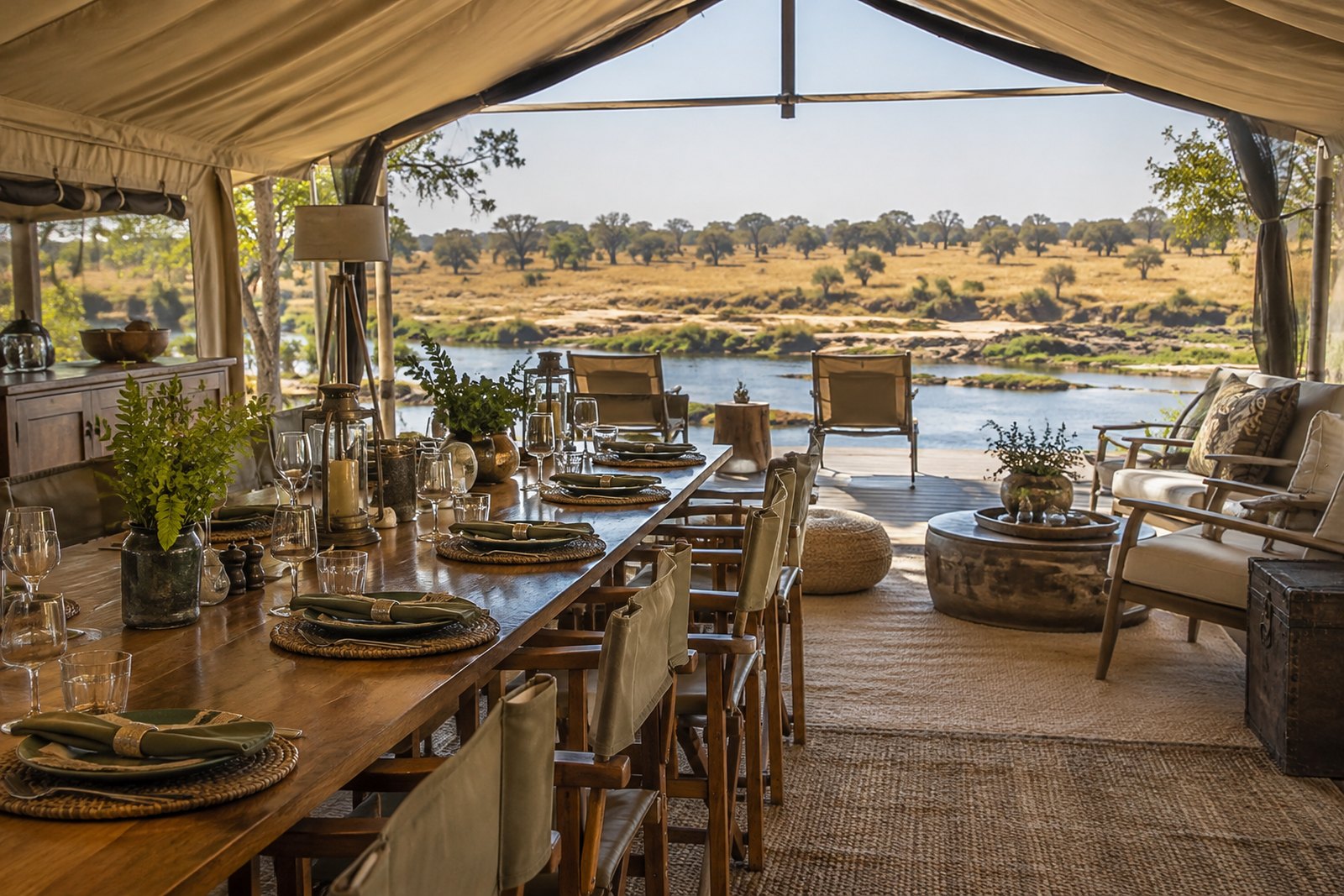 Open-fronted main mess tent with dining and lounge area facing the Mara River at Entim Mara Camp
