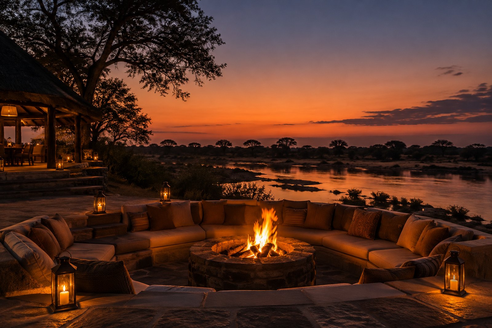 Sunken fire pit and seating near the main tent at Entim Mara Camp at dusk
