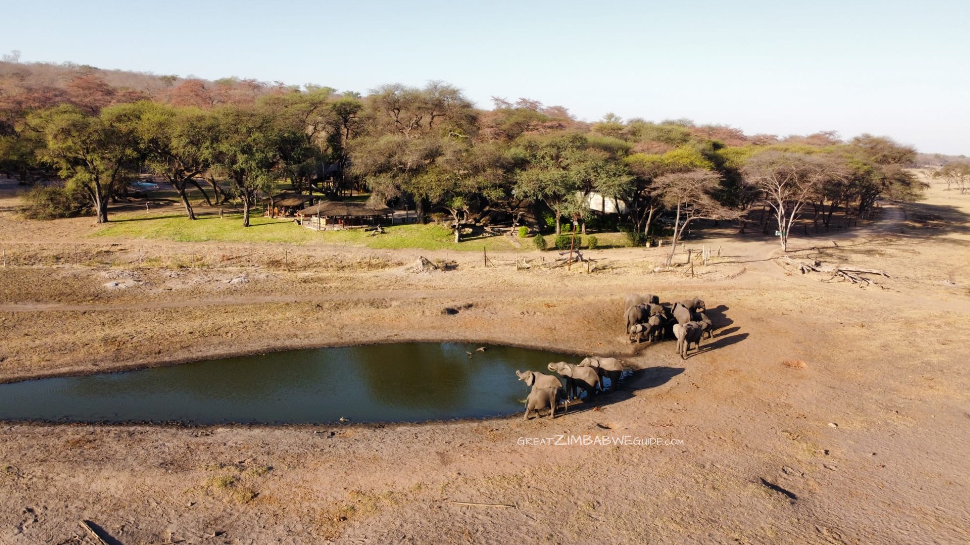 Aerial view of a Hwange waterhole and the surrounding bush