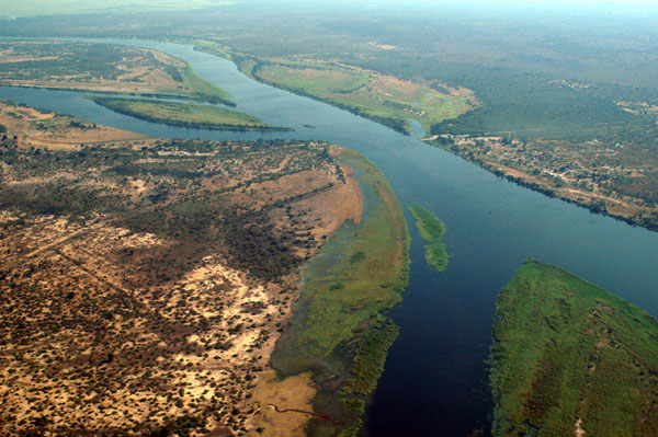 Aerial view of the Zambezi River at the four-country junction