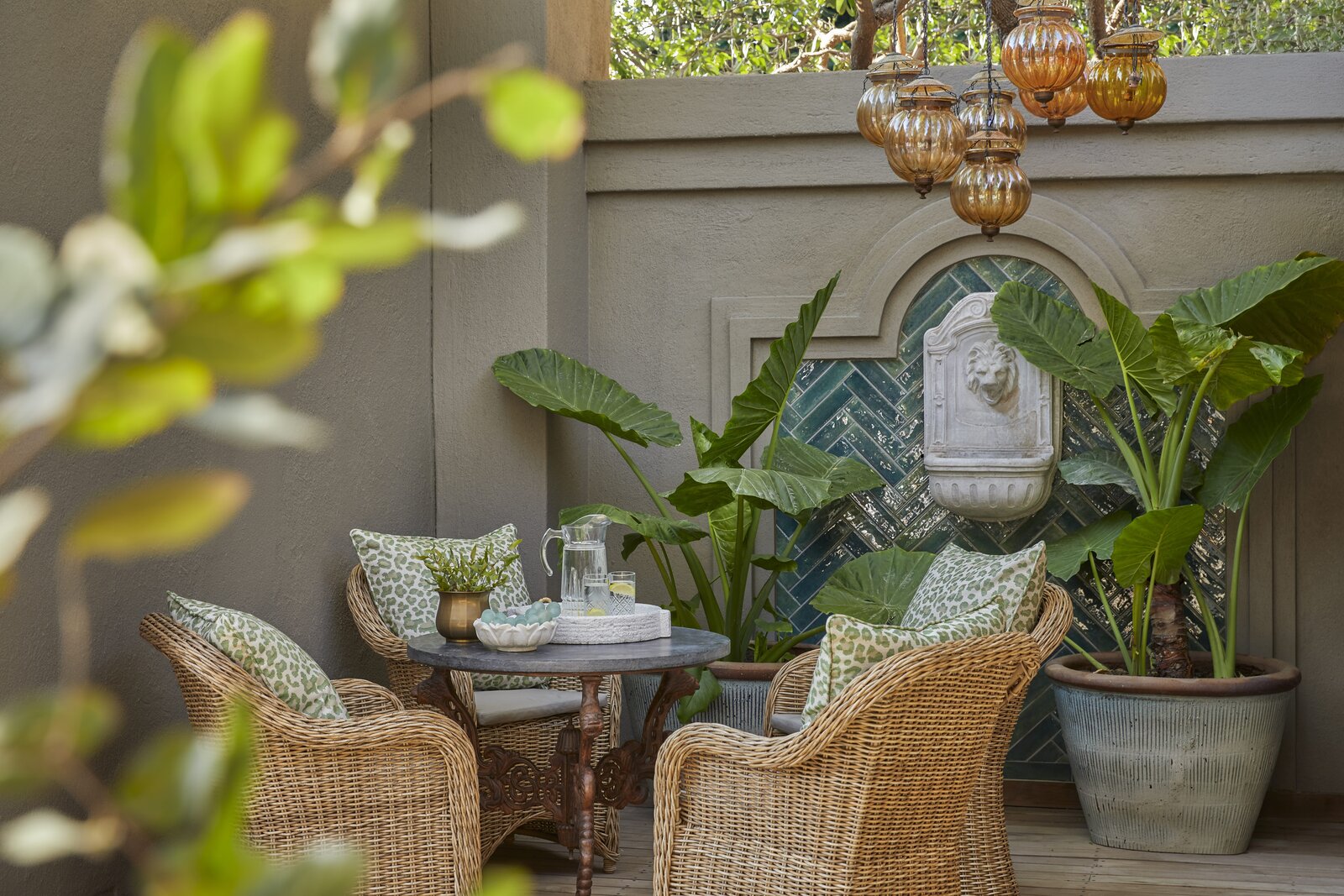 A lodge courtyard set for breakfast at a luxury safari lodge