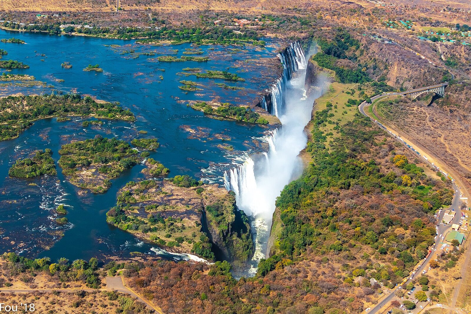 An aerial view of Victoria Falls from a helicopter