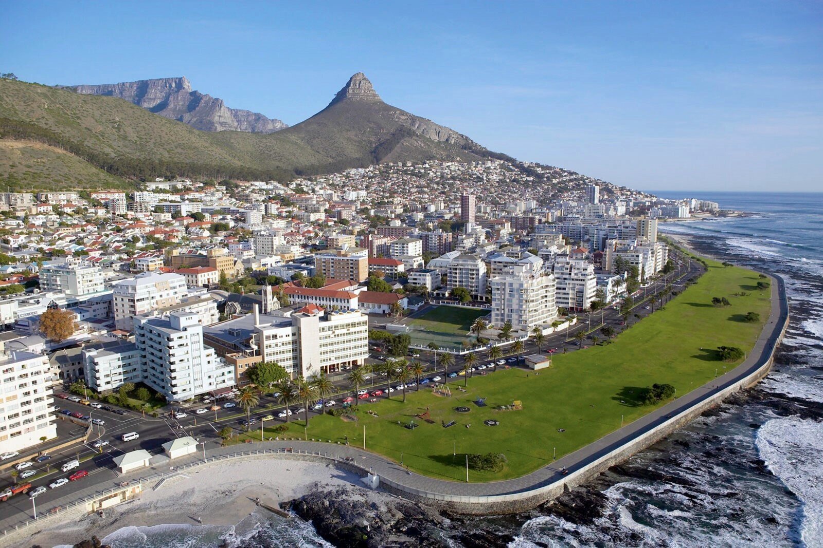 Aerial view of Table Mountain and Cape Town coastline from a helicopter