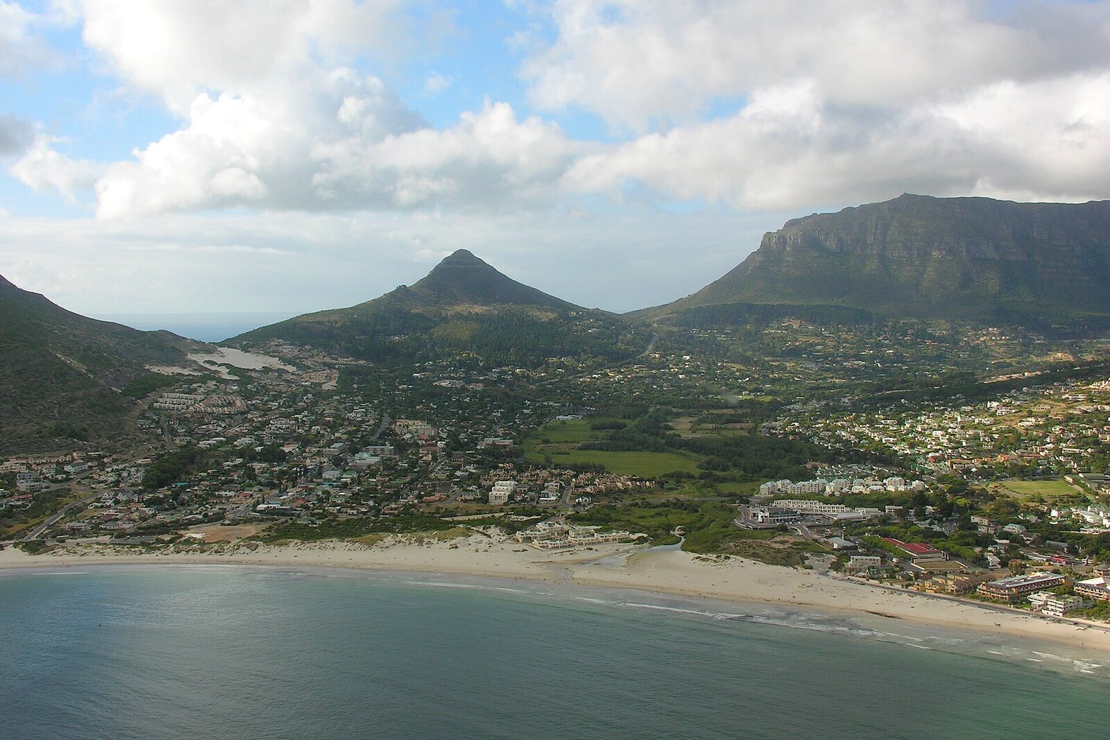An aerial view over the Cape Peninsula and Atlantic coastline from a helicopter flight