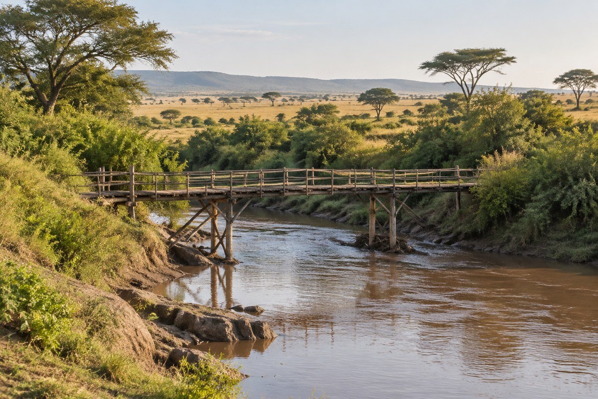 Wooden footbridge spanning the Talek River with the Masai Mara grassland beyond at Ilkeliani Camp