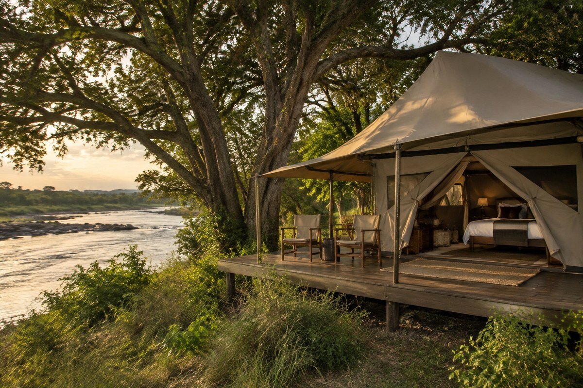 Canvas tent raised on a wooden deck under riverine trees on the banks of the Talek River at Ilkeliani Camp