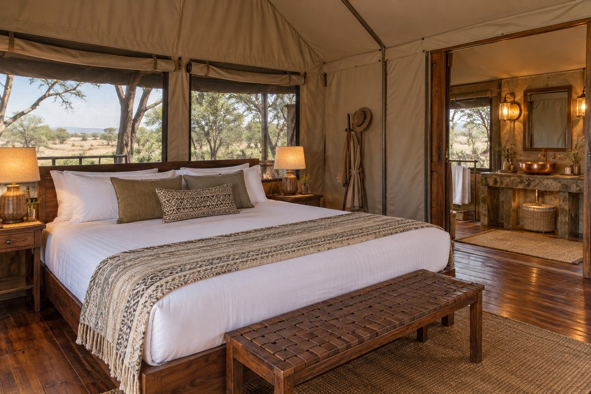 Interior of a tented room at Ilkeliani Camp with a double bed, canvas walls and an en-suite bathroom