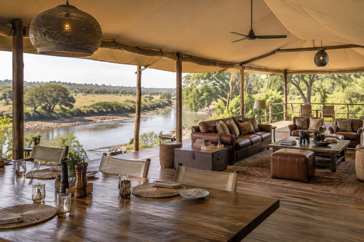 Open-sided lounge and dining area overlooking the Talek River at Ilkeliani Camp