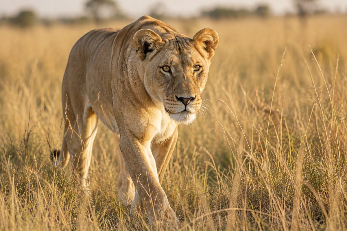 Lioness walking through the golden grass of the Masai Mara near Ilkeliani Camp