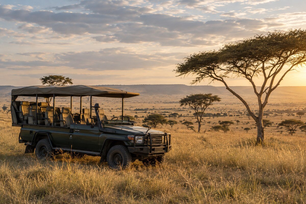 Open-sided safari vehicle on a game drive across the open plains of the Masai Mara