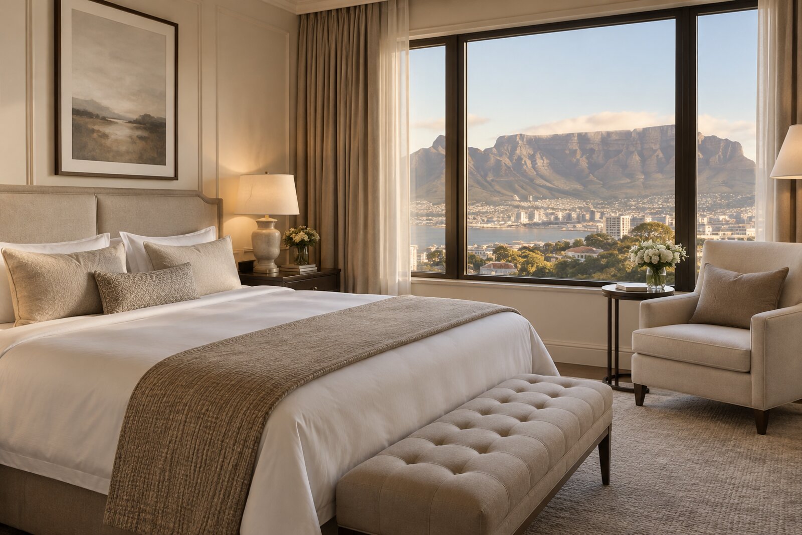 A Classic room at the InterContinental Table Bay with a made bed and a window framing Table Mountain across the harbour on Quay 6, V&A Waterfront, Cape Town