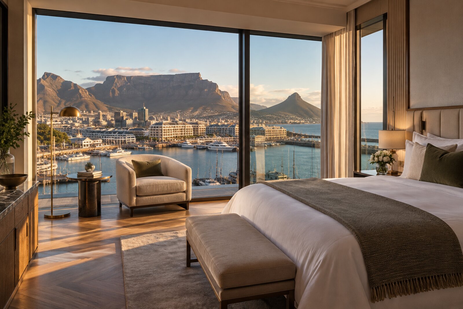 A Premium room at the InterContinental Table Bay with a harbour view over the V&A Waterfront marina, Cape Town