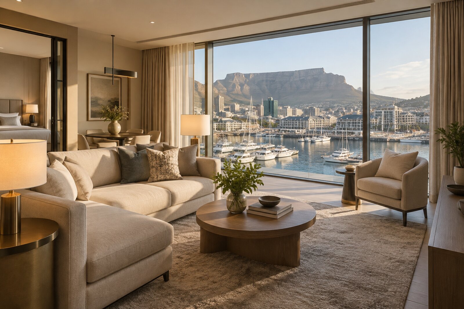 The living area of a One-Bedroom Suite at the InterContinental Table Bay with soft seating and harbour light, Cape Town