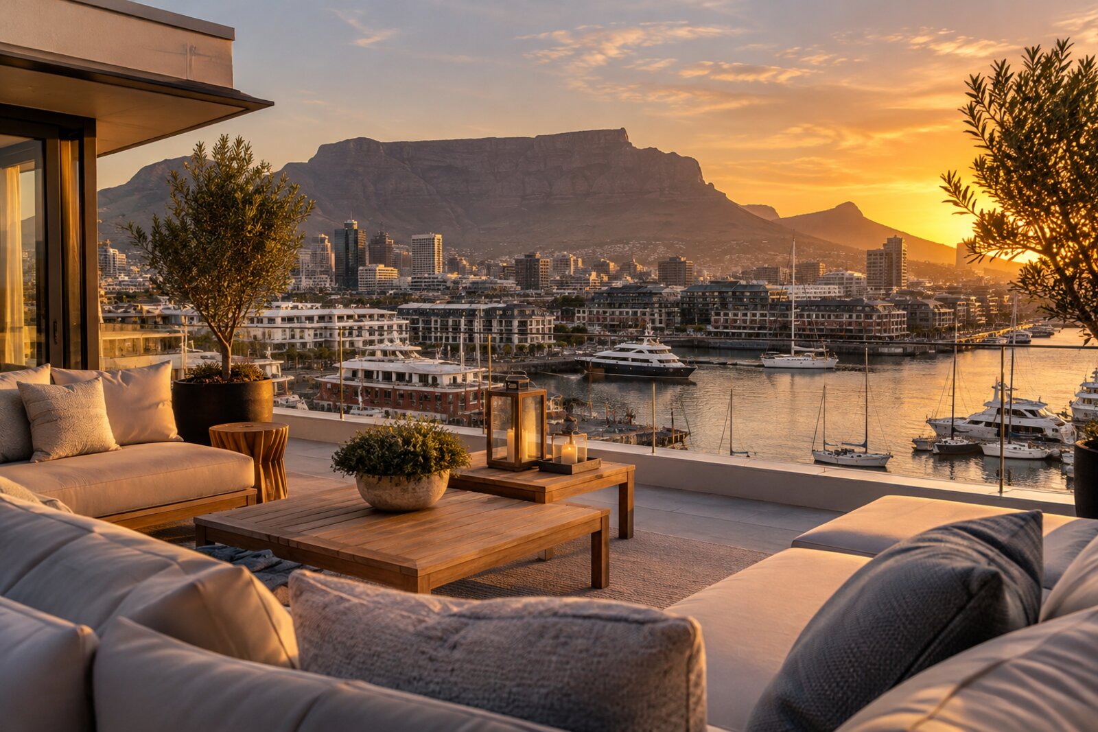 A private terrace off a top suite at the InterContinental Table Bay looking over the harbour and Table Mountain, Cape Town