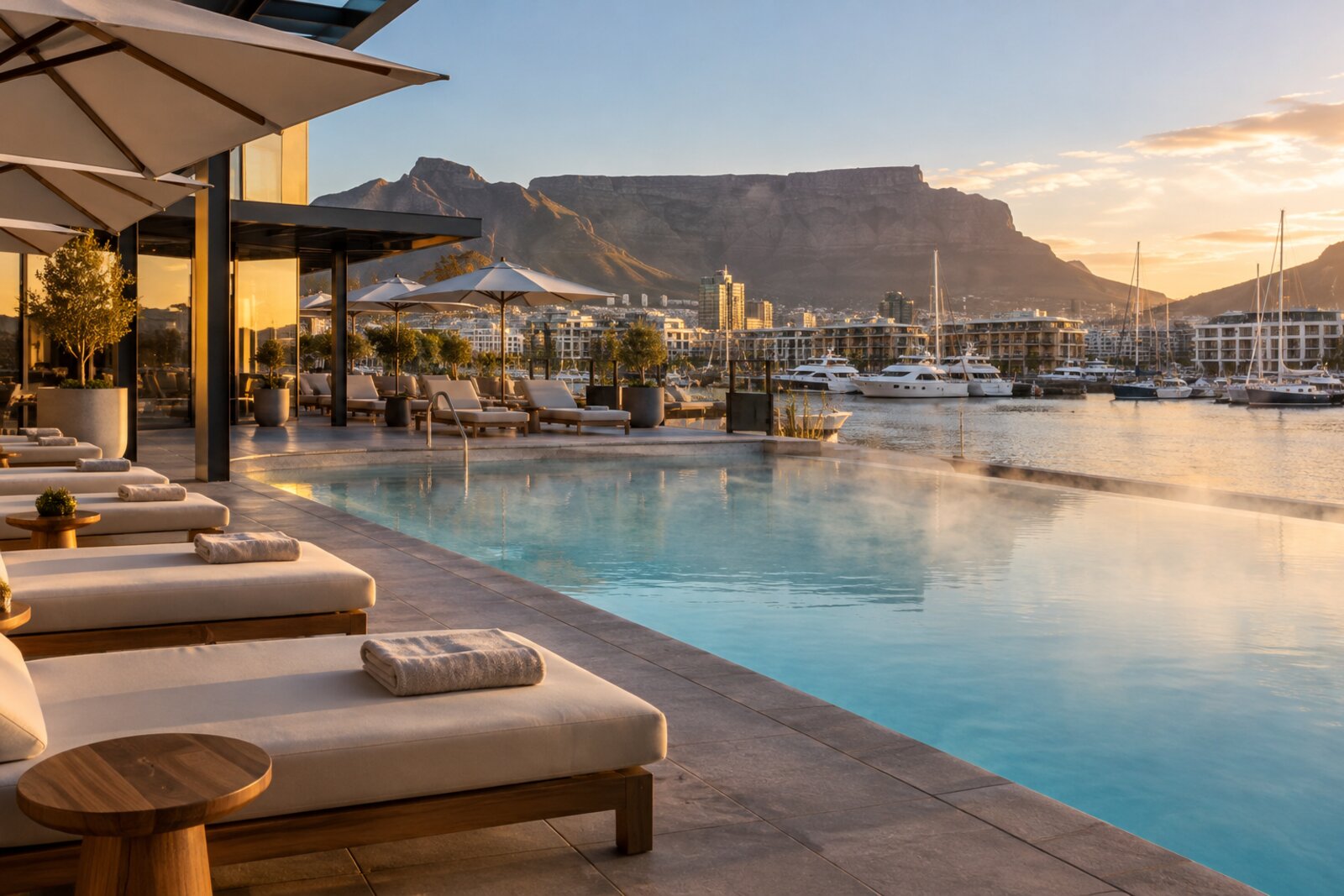 The heated outdoor pool on the Solandra Pool Deck at the InterContinental Table Bay with harbour views, Cape Town